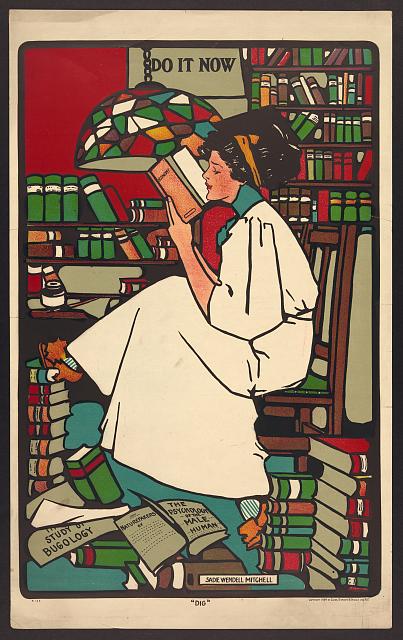 Chromolithograph of a college student reading,  by Sadie Wendell Mitchell, 1909